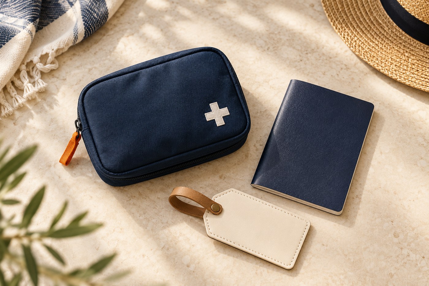 Travel first aid kit, unbranded passport booklet and luggage tag on a light surface